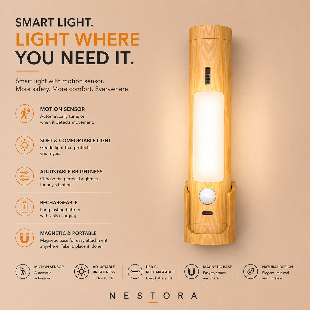 Nestora™ Rechargeable Motion Sensor Wall Light